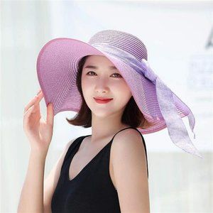 Women's Folable Floppy Wide Brim Summer Sun Protection Straw Hat Violet